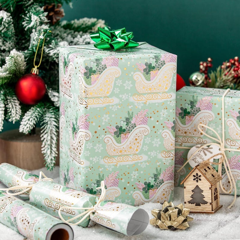 Retrify Light Green Wrapping Paper Roll - Metallic Gold Foil Cute Sleigh Carrying Gift Box Pattern Mini Roll Gift Wrap Paper for Christmas Holiday Festive Decoration - 17 Inches x 32.8 Feet - Image 5